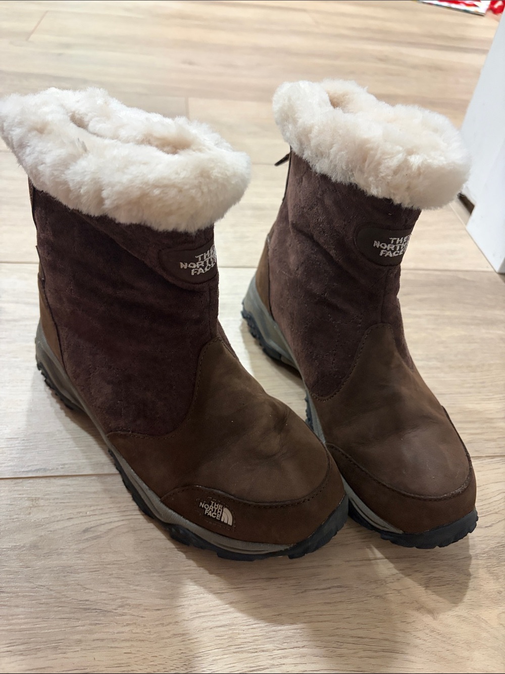 The North Face Women's Brown Suede Winter Boots with Cream Shearling Cuff